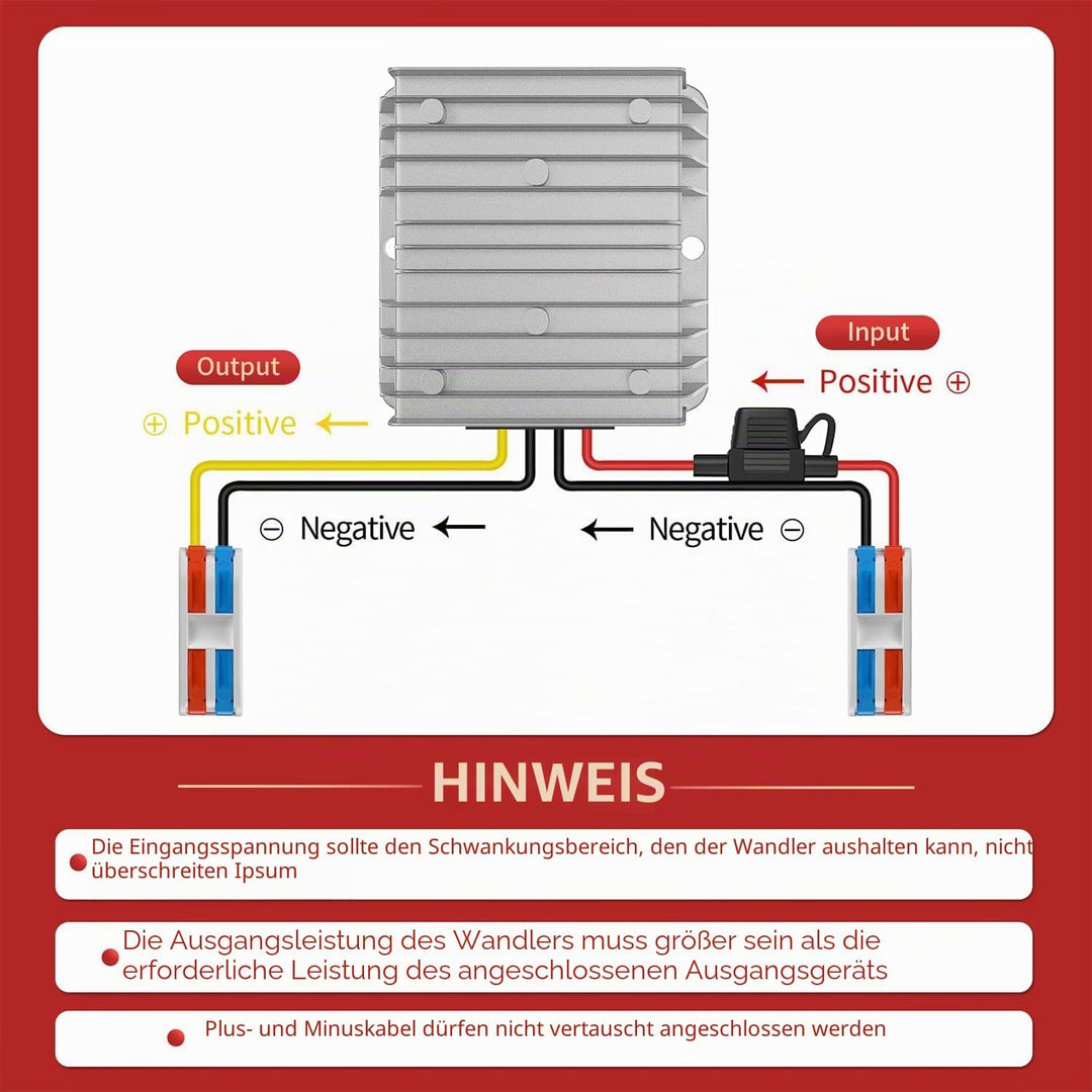 Spannungswandler 24V auf 12V, Step Down 24V 12V 15A 180W mit Sicherung Wasserdicht und Schnellverbin