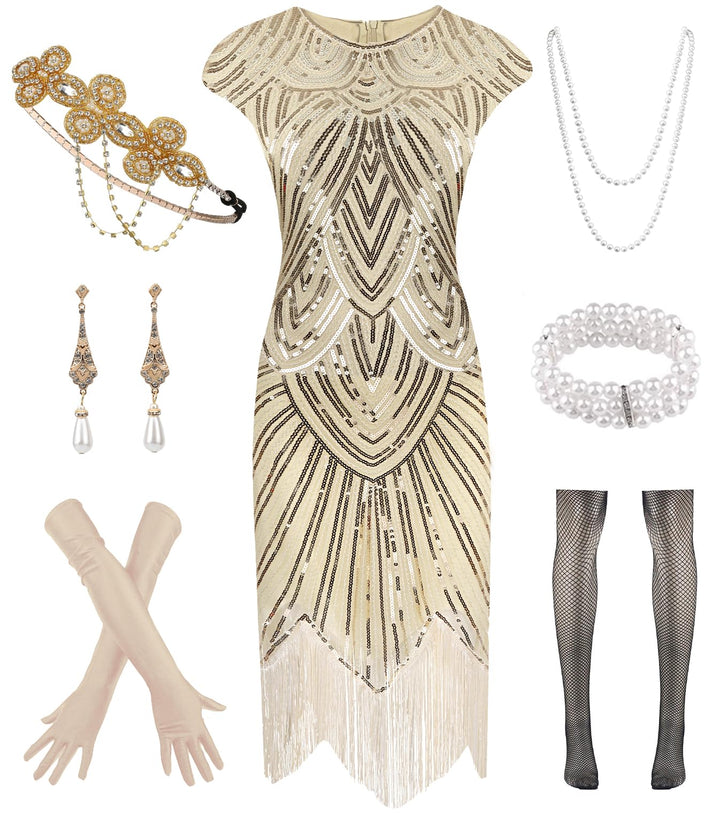 WILDPARTY 20er Jahre Kostüm Damen Charleston Kleid, Flapper Kleid mit Pailletten Perlen Fransen Netz
