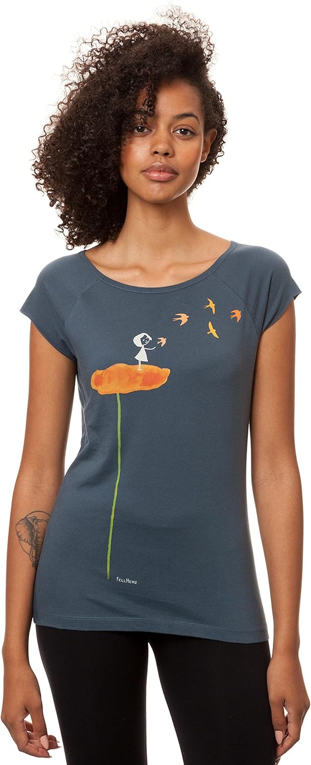 FellHerz Damen T-Shirt Schwalbenzug Blau-Grau Bio Fair und Vegan XS Blau, XS Blau