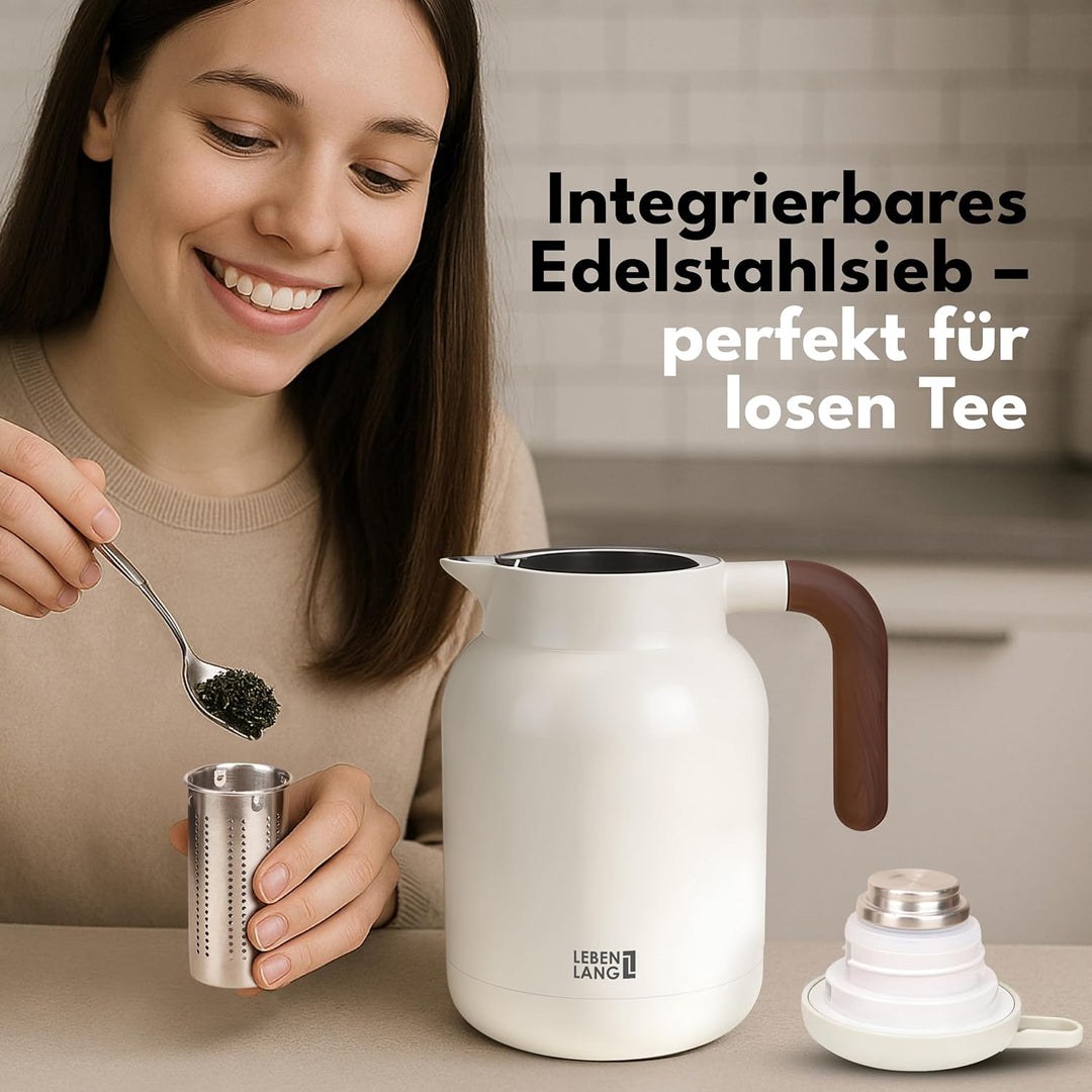 LEBENLANG Thermoskanne 1,5L Keramikbeschichtung - Inkl. Teesieb I 24h Heiss I Kaffeekanne Kaffee &amp; T
