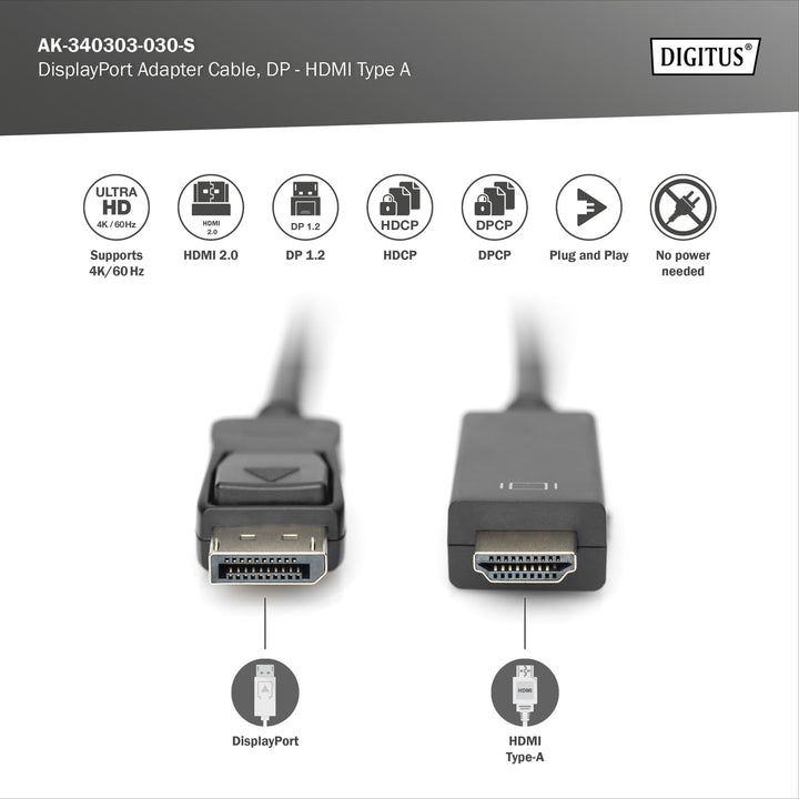 DIGITUS DisplayPort Adapterkabel – 3 m – DP zu HDMI – UHD 4k/60Hz 3m, 3m
