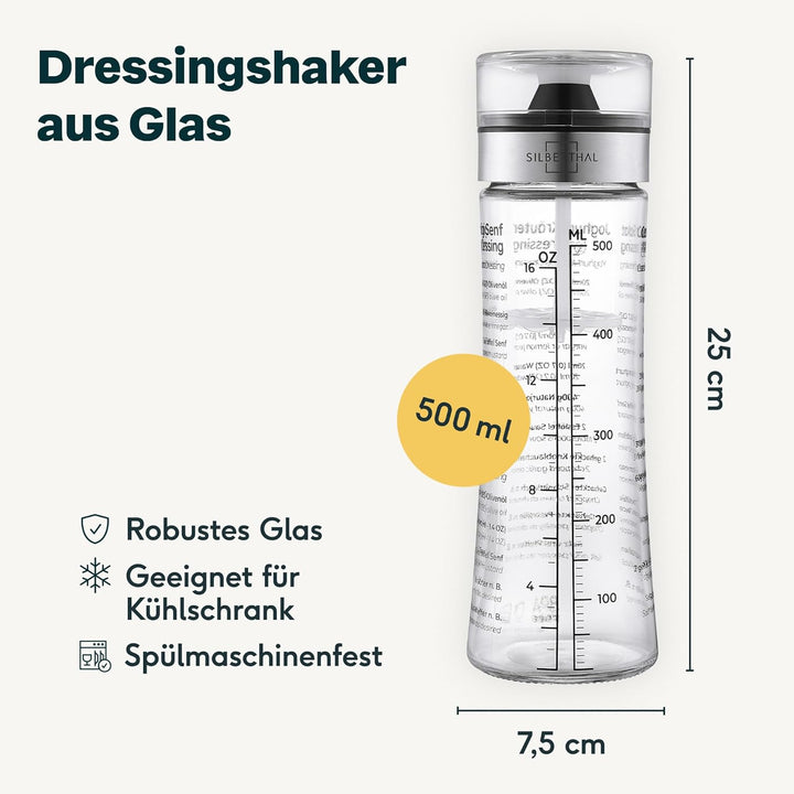 SILBERTHAL Dressingshaker aus Glas mit Rezepten – 500 ml – Spülmaschinenfest - Neuer Deckel &amp; Neue R
