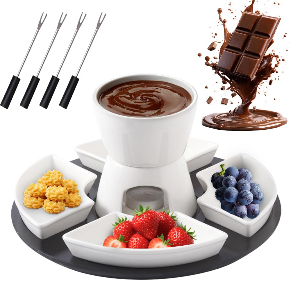 RANJIMA Schokoladen Fondue Set, Keramik Mini Schokofondue Käsefondue Fondue Set mit 4 Keramiktellern