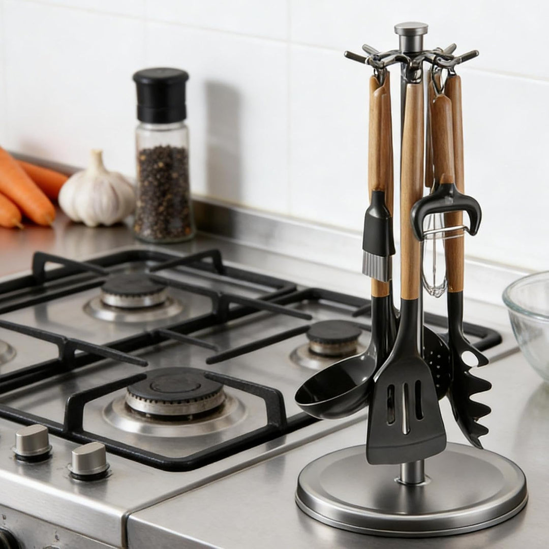 Rotating Utensil Holder, 8 Hook Organizer, 360 Degree Counter Rack with Compact Build, Kitchen Tool