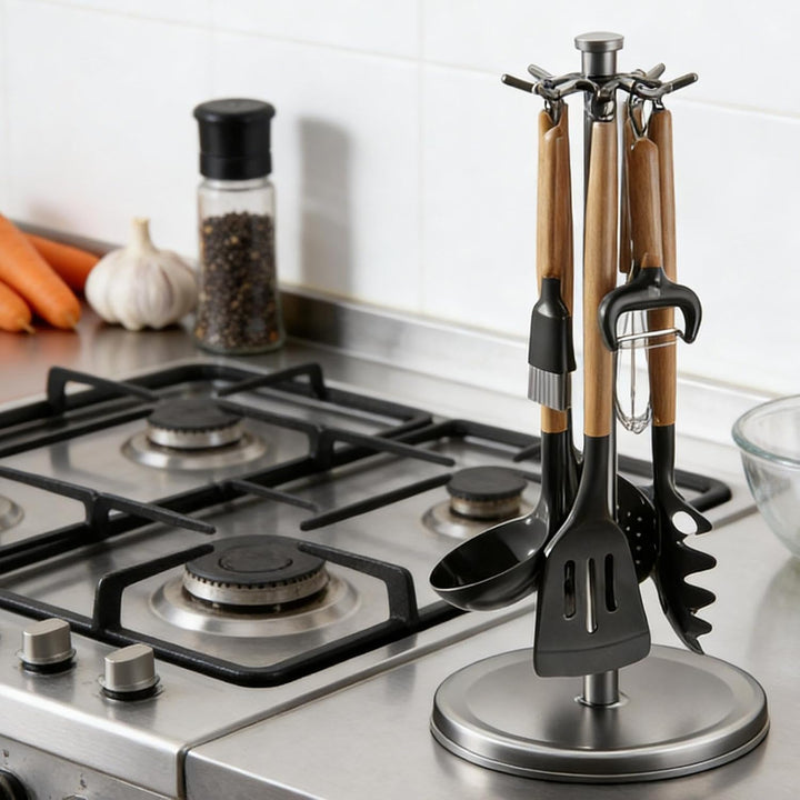 Rotating Utensil Holder, 8 Hook Organizer, 360 Degree Counter Rack with Compact Build, Kitchen Tool