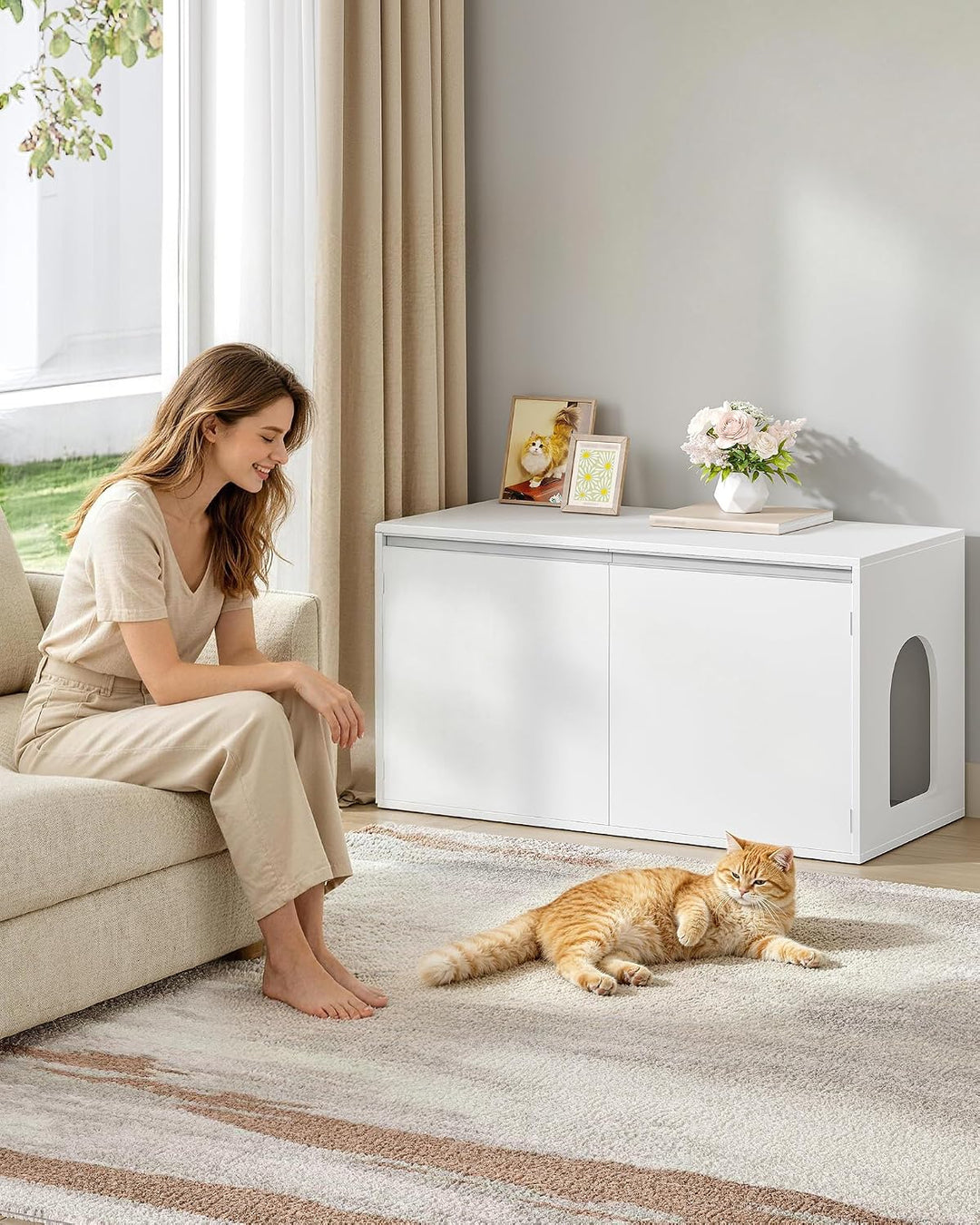 Hzuaneri Katzenschrank, 100cm Katzenklo Schrank Abnehmbarer Trennwand, Weiss | Katzenhaus Verstellba
