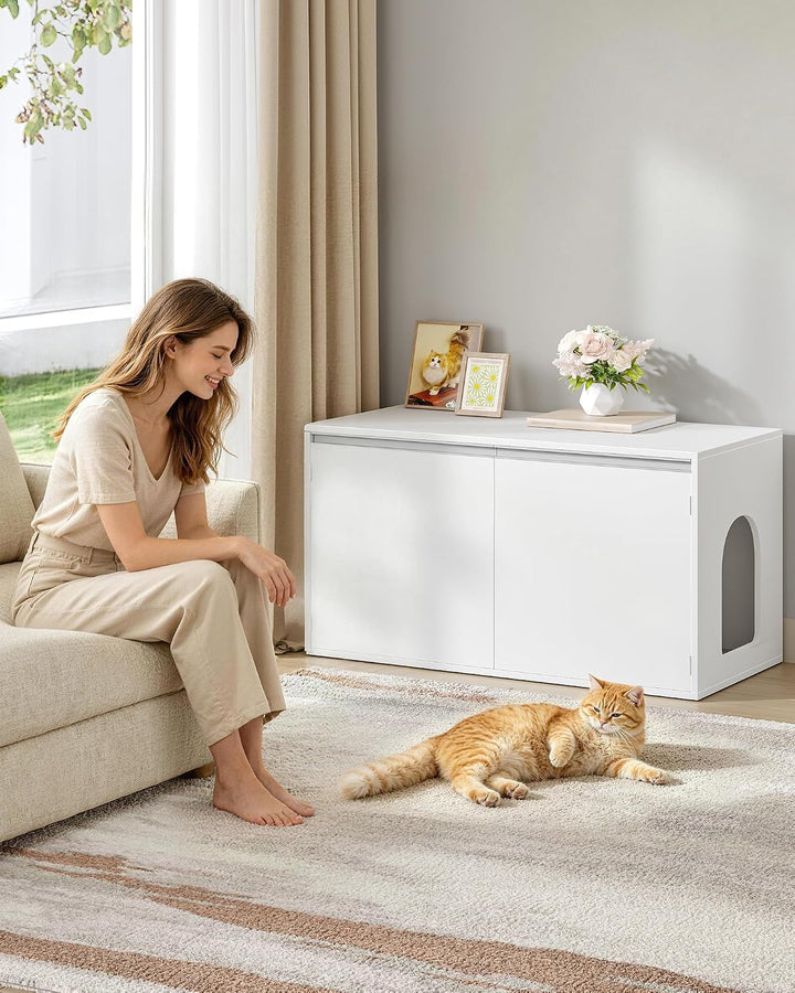 Hzuaneri Katzenschrank, 100cm Katzenklo Schrank Abnehmbarer Trennwand, Weiss | Katzenhaus Verstellba