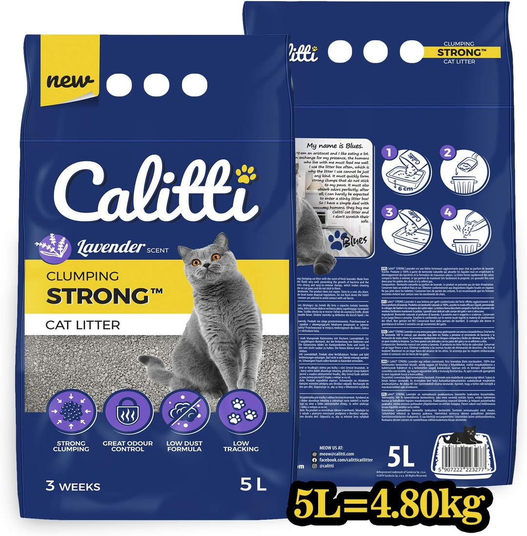 Calitti Katzenstreu Klumpstreu ohne Duft | 100% natürlichem Bentonit mit frischem Lavendelduft | 3 W