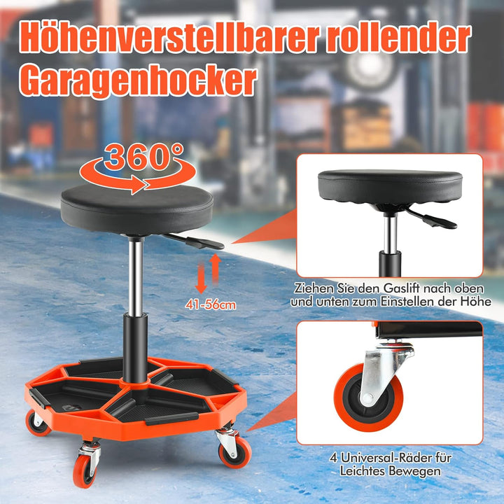 GOPLUS Werkstatthocker 41-56cm höhenverstellbar, Rollhocker mit Werkzeugablage &amp; 4 Universalrädern,