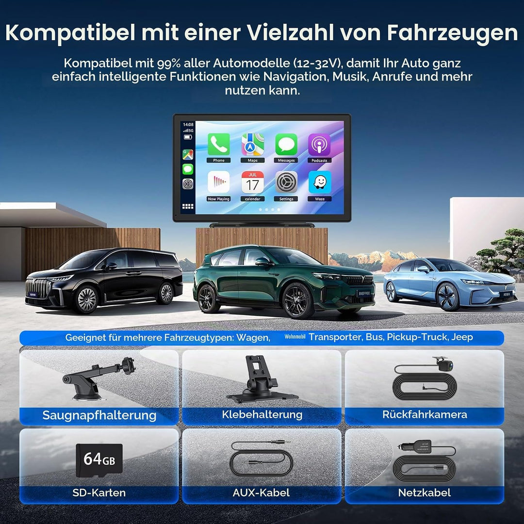 9" Wireless Tragbarers CarPlay Display für Apple Carplay &amp; Android Auto, mit 4K Dash Cam 1080P Rückf
