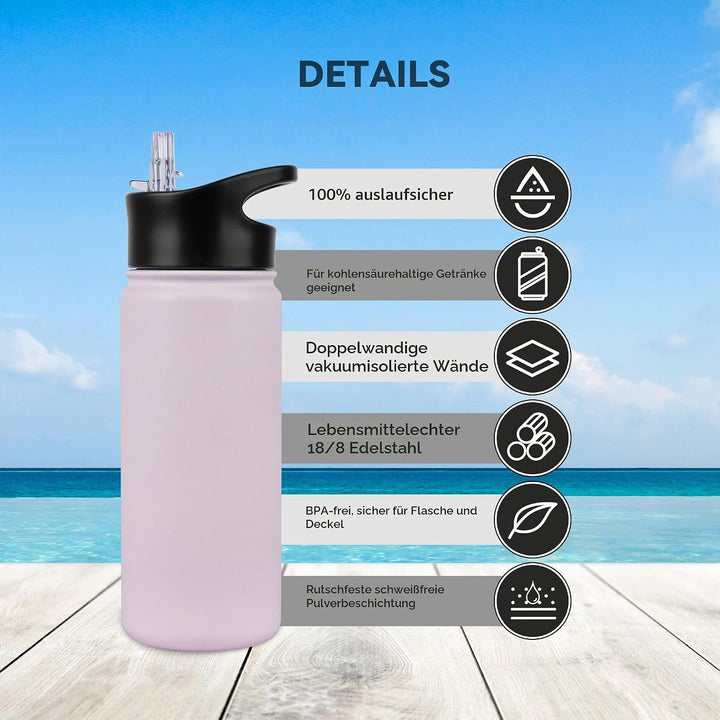 Edelstahl Trinkflasche - 500ml - mit Strohhalm,Auslaufsicher,Kohlensäure Geeignet,BPA frei Thermosfl