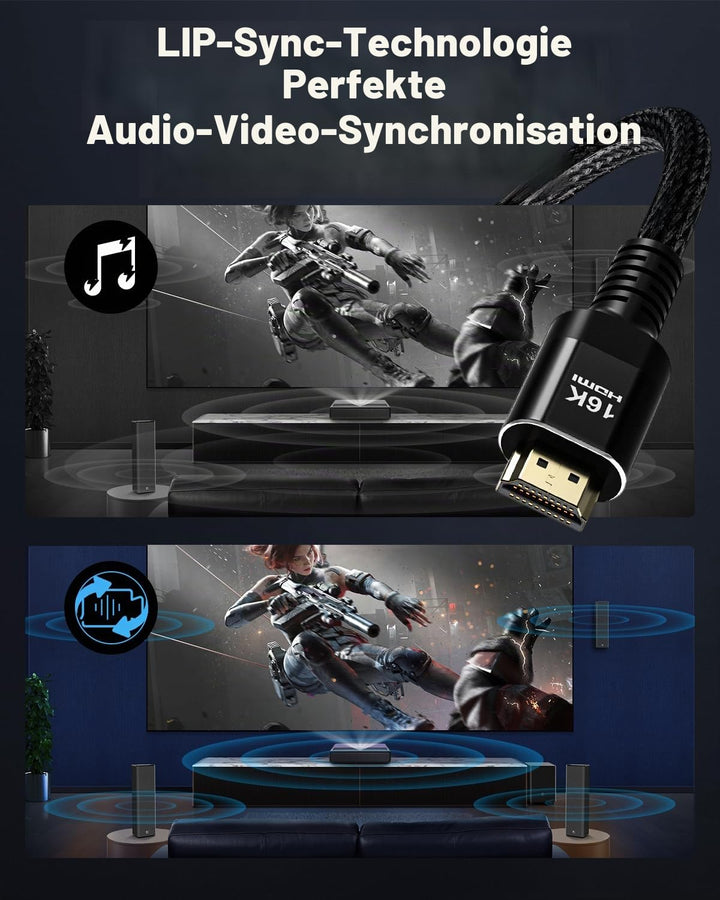 16K 10K 8K HDMI 2.2 Kabel 96Gbps 2M, Ultra High Speed HDMI 2.2 Geflochtenes Kabel 16K@60Hz 8K@240Hz
