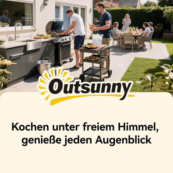 Outsunny Küchenwagen mit Rollen, Servierwagen, Rollwagen mit Haken, Getränkehalter, Küchenhilfe, BBQ