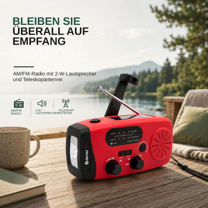 Denver Kurbelradio mit Solar und Powerbank, Notfallradio, kleines Radio