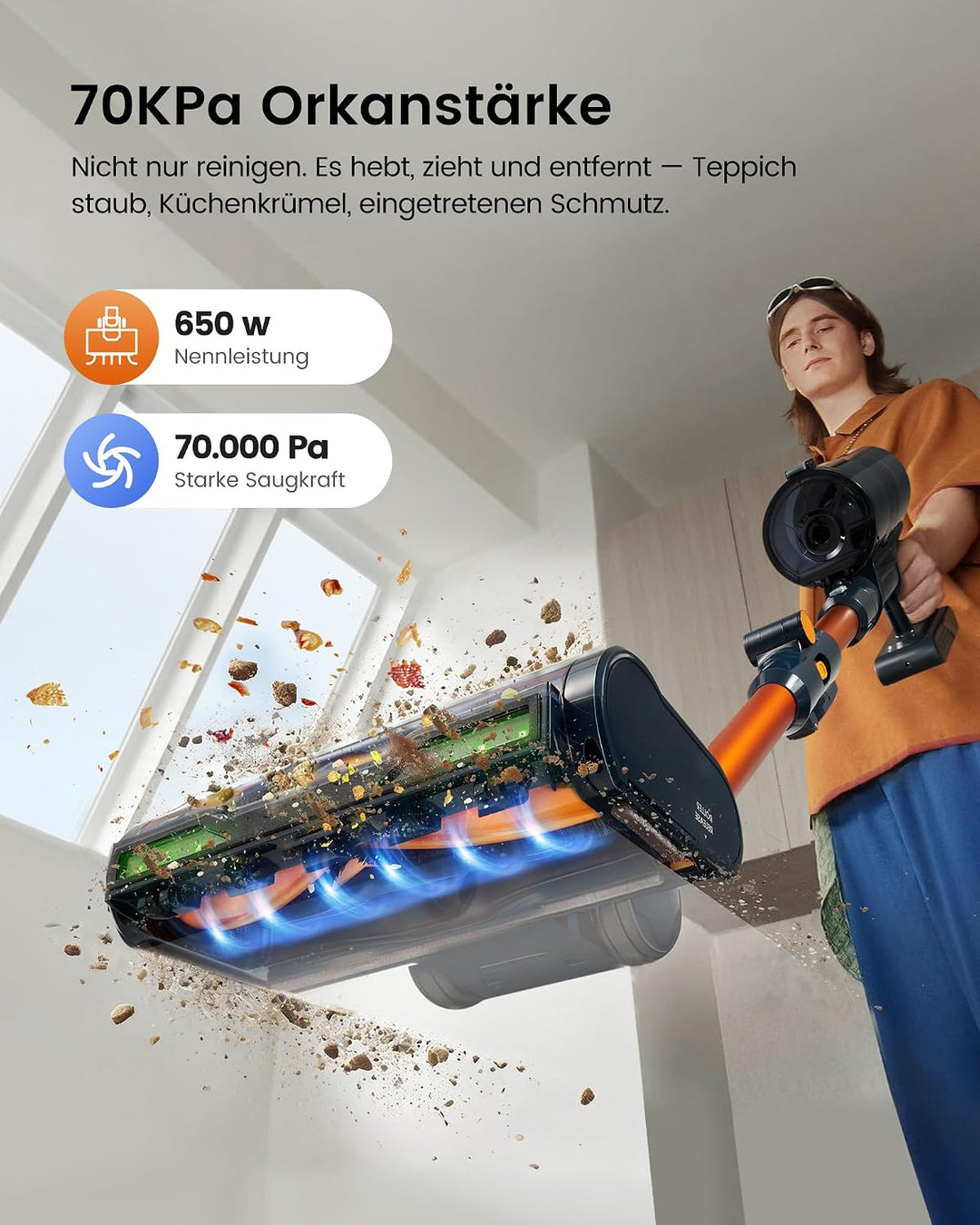 FAMIVAC Akku Staubsauger Kabellos 70kPa/80Min mit Ladestation &amp; Knickrohr