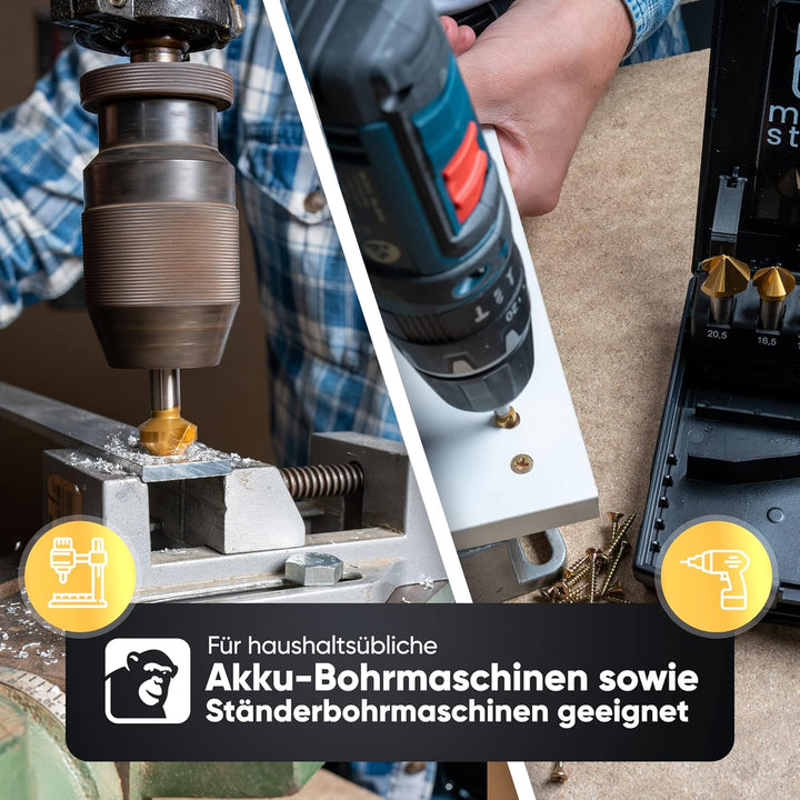 monkeystrong Kegelsenker 90° Ø 6,3-20,5 mm aus HSS Stahl - richtig scharf - Senker und Entgrater Set