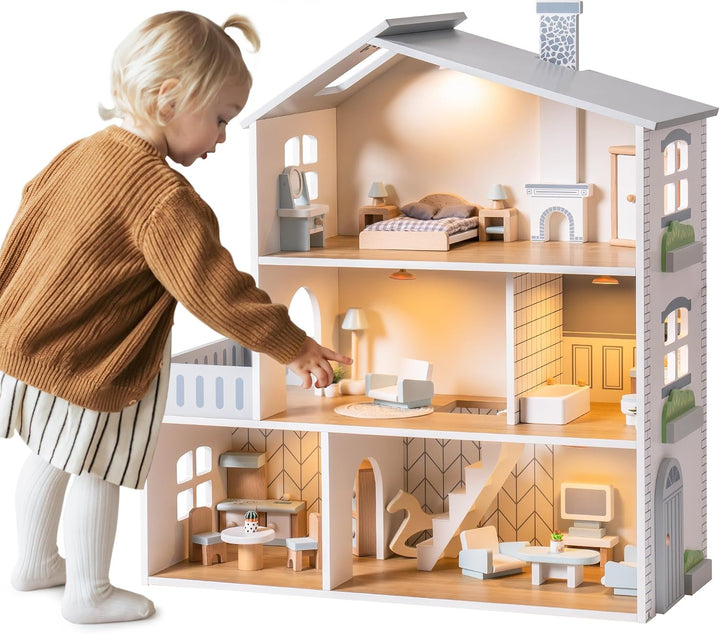 ROBUD Puppenhaus aus Holz Lichtern,3 Etagen, inklusive Möbeln und Treppe,Spielzeug für Kinder ab 3 J