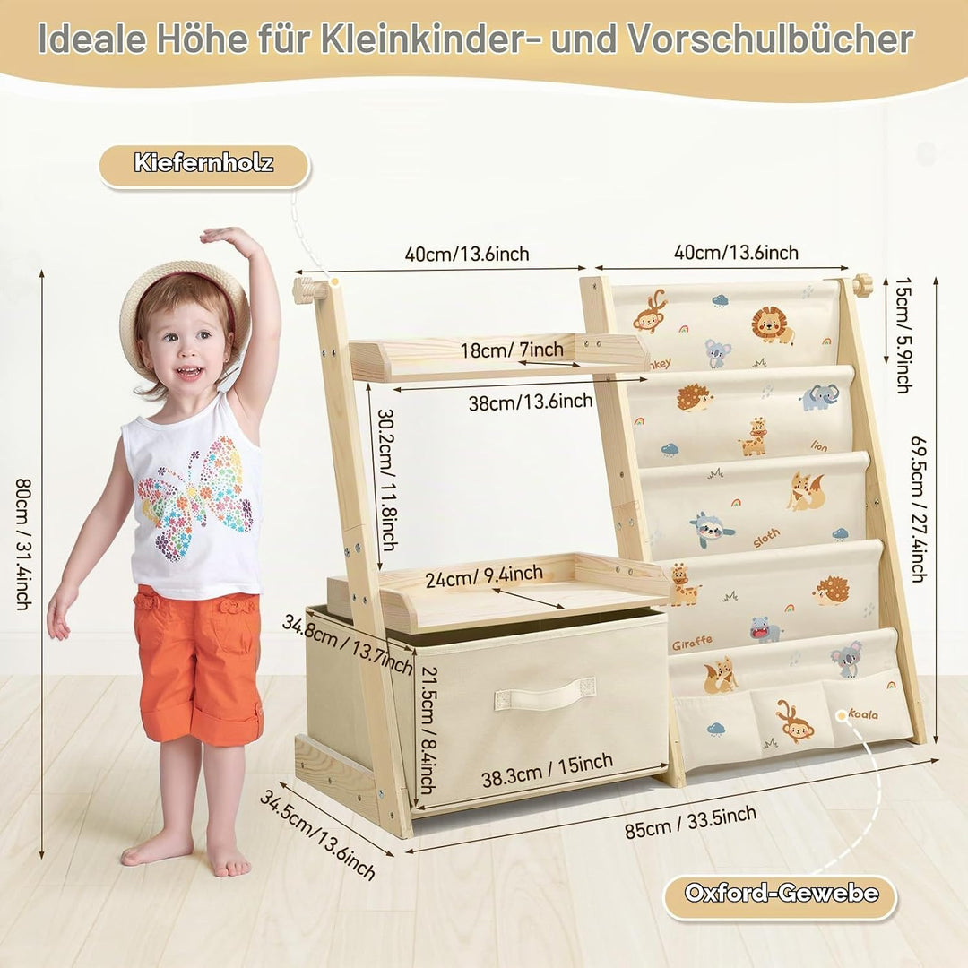 Bücherregal Kinder Kinderzimmer Spielzeug Aufbewahrung mit 4 Regalebenen &amp; Aufbewahrungsbox, Kinderr