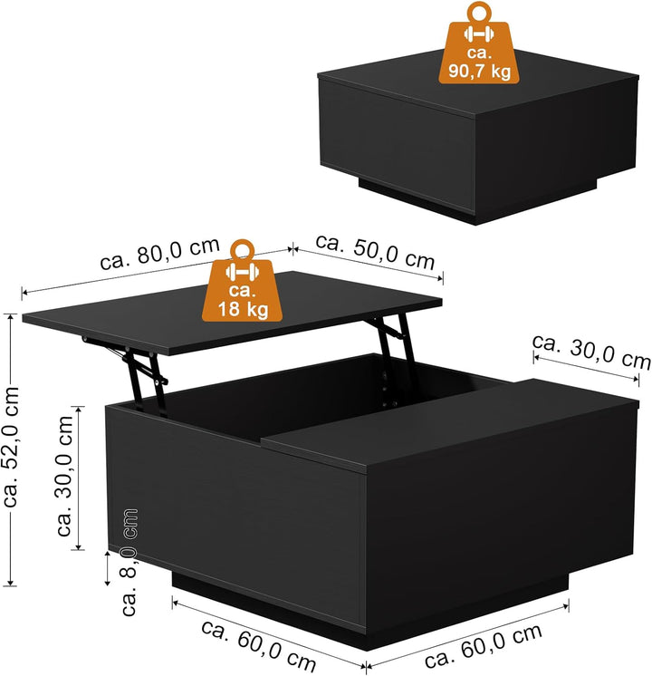 Quadratischer Couchtisch Schwarz mit Lift-Top, verstecktem Stauraum, Schwarz
