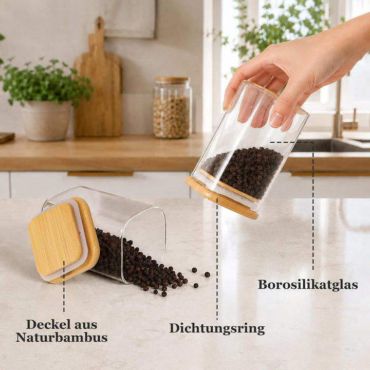 Gewürzgläser Eckig, 12 x 240 ml, Gewürzgläser Gross mit Bambusdeckel