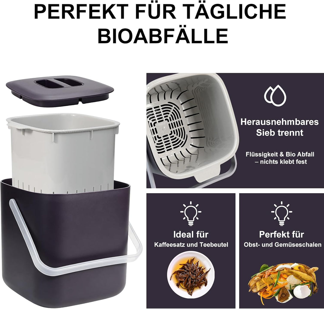 Biomülleimer Küche - 4L Komposteimer küche mit Deckel und Herausnehmbarer Sieb, Geruchsdicht Mülleim