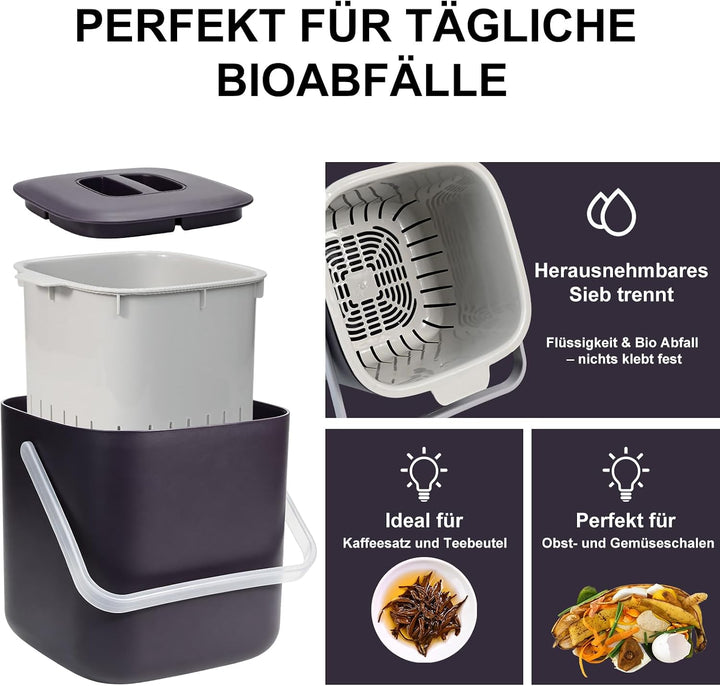 Biomülleimer Küche - 4L Komposteimer küche mit Deckel und Herausnehmbarer Sieb, Geruchsdicht Mülleim