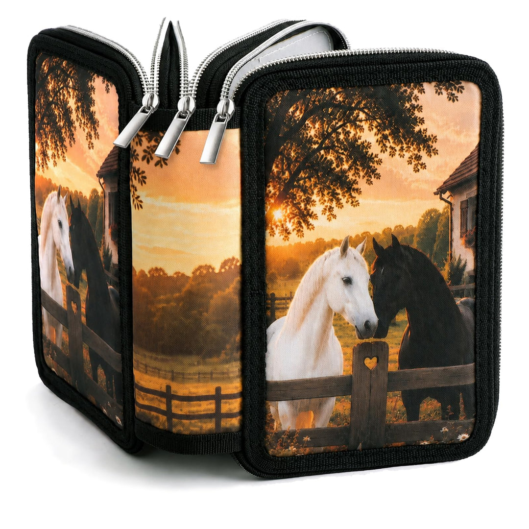 Pferde Federmäppchen 3 Fächer Federmappe Federtasche für Jungen und Mädchen