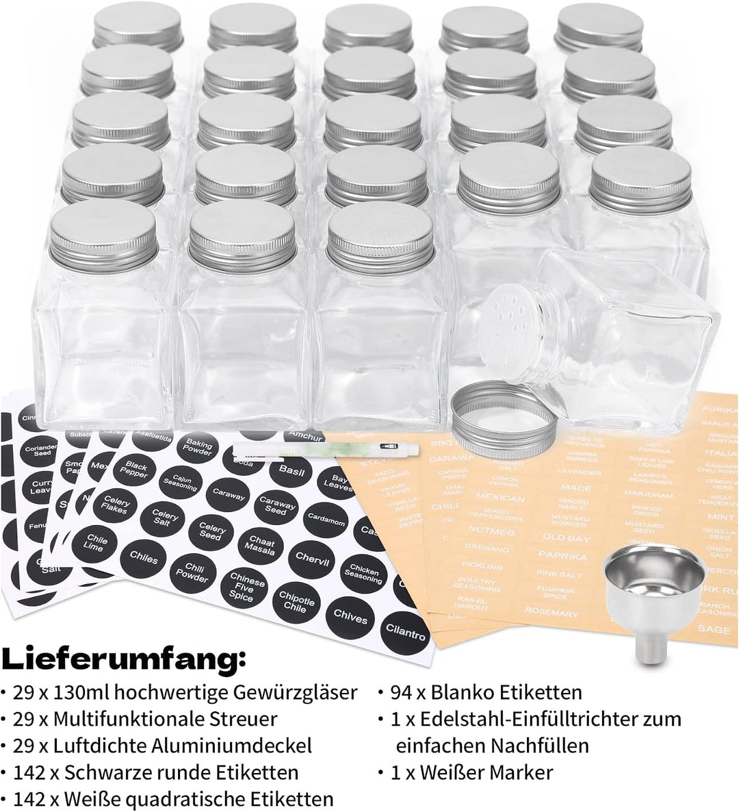 MIUKAA 29er Gewürzgläser Eckig Set mit Etiketten, 130ml Personalisierter Gewürzdosen, Klare Gewürzbe