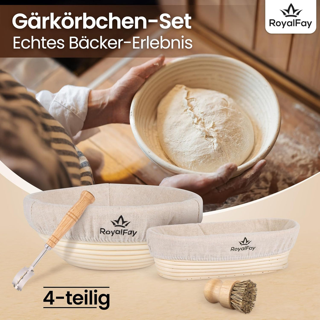 Gärkörbchen-Set – 1 ovaler (23cm) + 1 runder (23cm) Gärkorb aus atmungsaktiven Natur-Rattan – mit Me