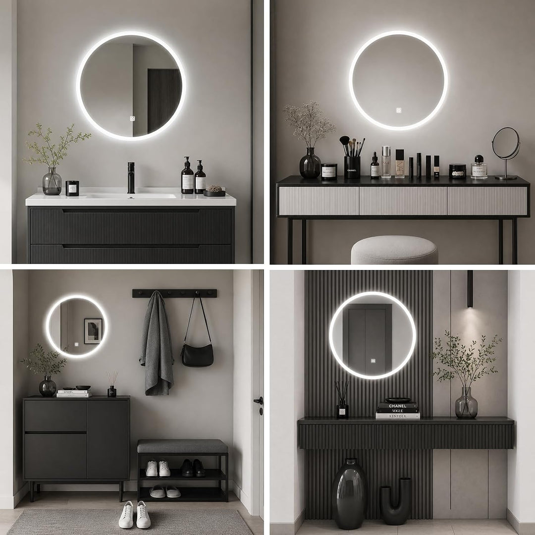Badspiegel mit Beleuchtung, LED Badezimmer Spiegel Rund 50cm, Dimmbar, 3 Lichtfarben, Touch-Schalter