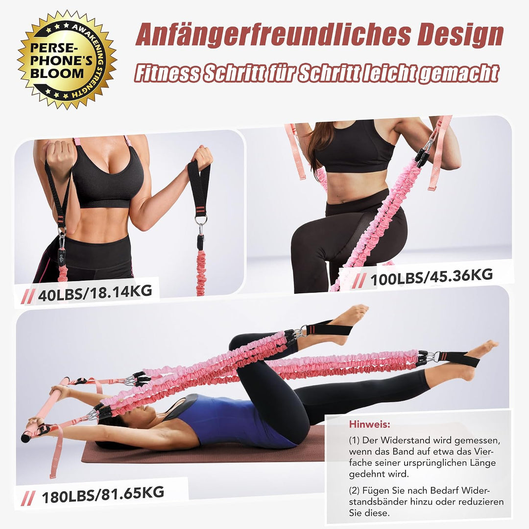 ALongSong Fitnessbänder Set mit 6 Widerstandsbänder 20-180Lbs oder 20-240Lbs &amp; Pilates-Stange, Griff