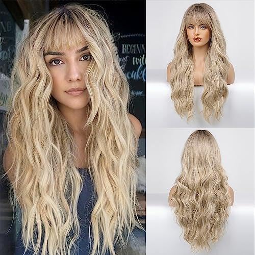 HAIRCUBE Ombre Blonde Perücke, lange lockige Perücke mit Pony, natürliche Erscheinung, hitzebeständi