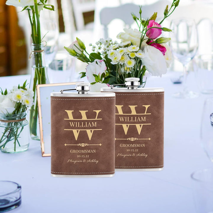 10 Stück Flachmann mit Gravur, Edelstahl Hip Flask Personalisiert mit Eigenem Text für Trauzeugen Ge