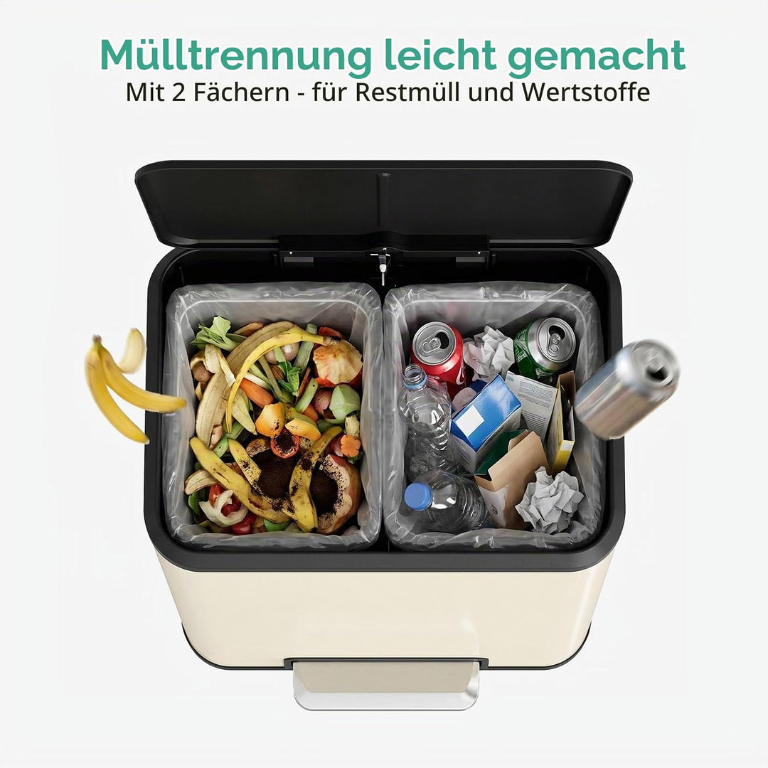 LIFERUN Mülleimer 2 Fächer, Mülltrennsystem 2 x 15 L,Sandbeige, Sandbeige