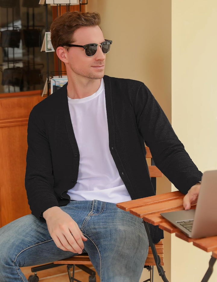 iClosam Herren Strickjacke Cardigan Mit V-Ausschnitt Aus Baumwolle Schwarz S, Schwarz S
