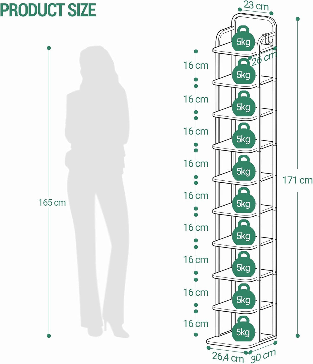 Hzuaneri Vertikales Schuhregal, 10-Stöckige Schuhregale, Schuhturm für Kleine Räume, Freistehend, Ve