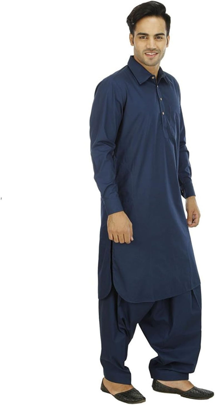 Royal Kurta Pathani Herren Baumwoll-Leinen-Anzug (40, Marineblau)