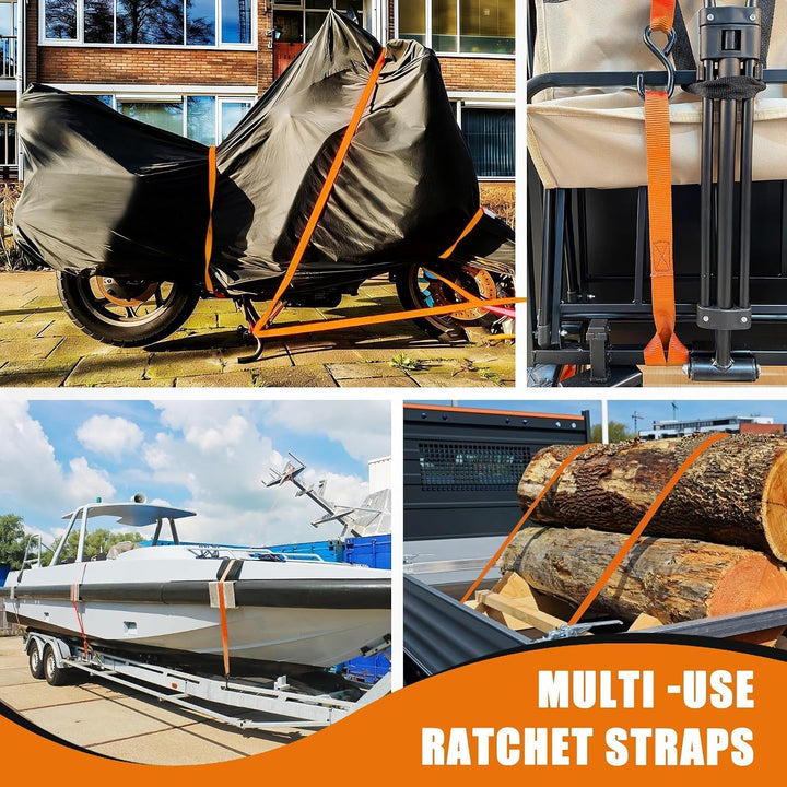 AWELCRAFT 4 Stück Ratsche Spanngurte – 680 kg Bruchfestigkeit, 4,5 m Länge, Orange mit S-Haken &amp; wei