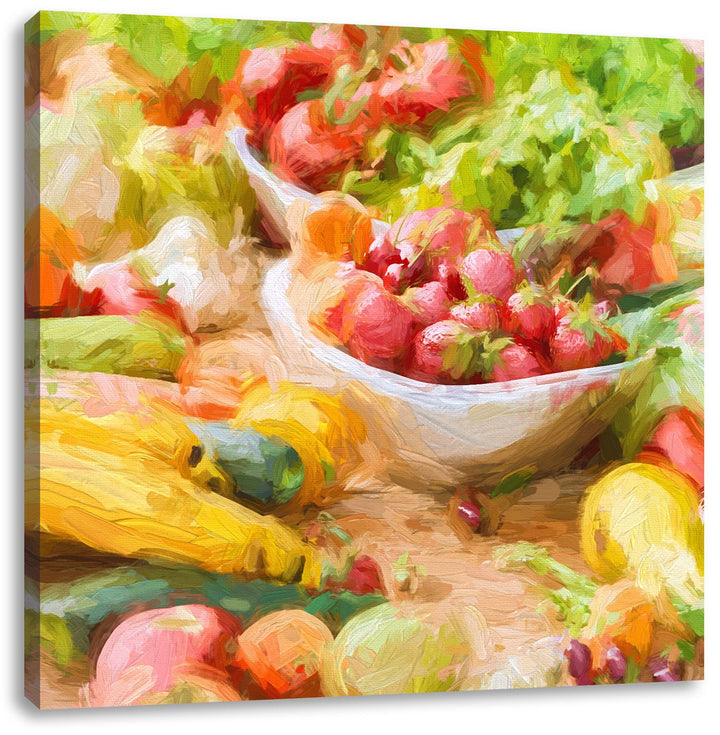 Pixxprint Buntes Obst und Gemüse Pinsel Effekt, Format: 70x70 auf Leinwand, 70x70