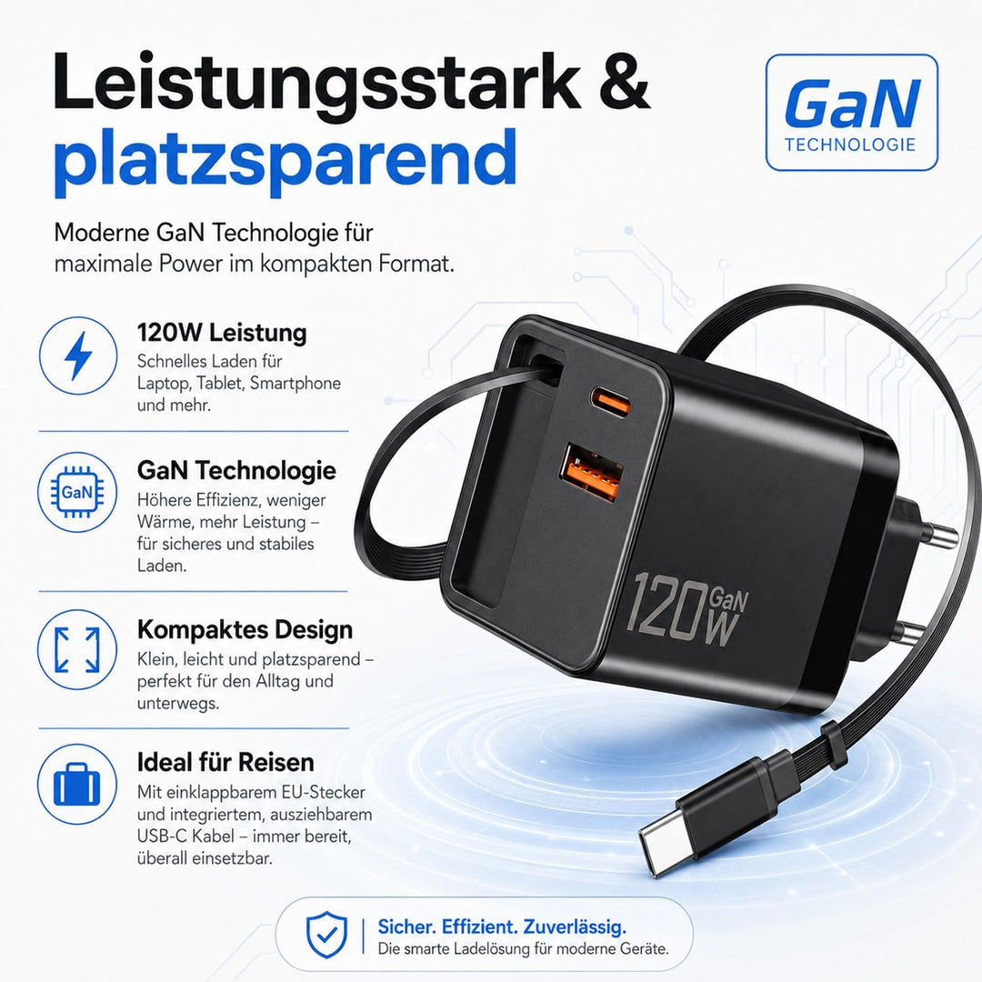 ERBO USB C Ladegerät 120W GaN, Schnellladegerät mit Einziehbarem Ladekabel, USB-C Kabel, 3-Port USB-