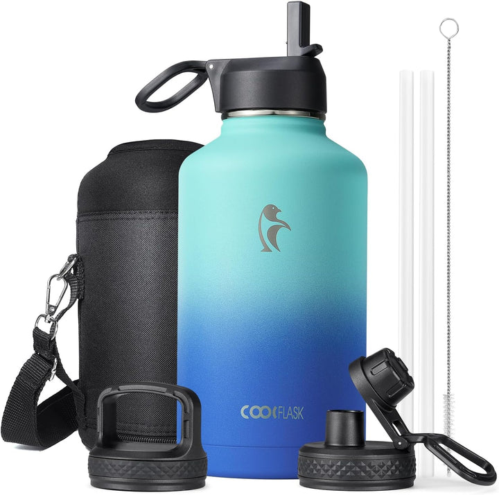 Isolierte Wasserflasche 2L, Coolflask Wasserflasche mit Strohhalm &amp; 3 Deckeln, Edelstahl Isolierte t
