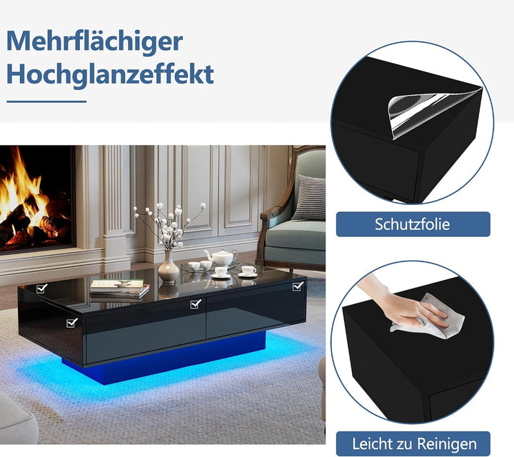 Merax Couchtisch Schwarz Hochglanz, Wohnzimmertisch mit LED Beleuchtung, Kaffeetisch mit 2 Schublade
