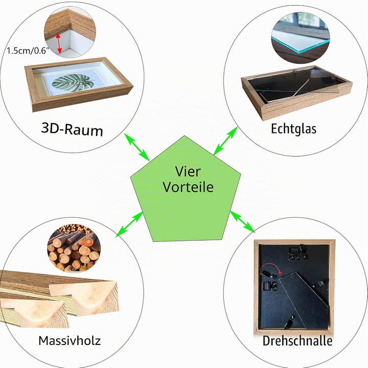 3D Bilderrahmen Holz 20x25cm 2 Pack Dunkles Holz Fotorahmen aus Massivholz und Echtglas für Objekte