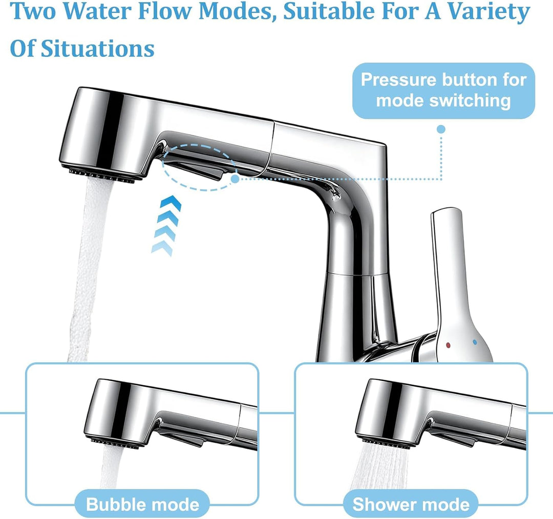 Wasserhahn Bad Höhenverstellbar 6cm Messing 360° Drehbar Chrom | Waschtischarmatur mit Herausziehbar