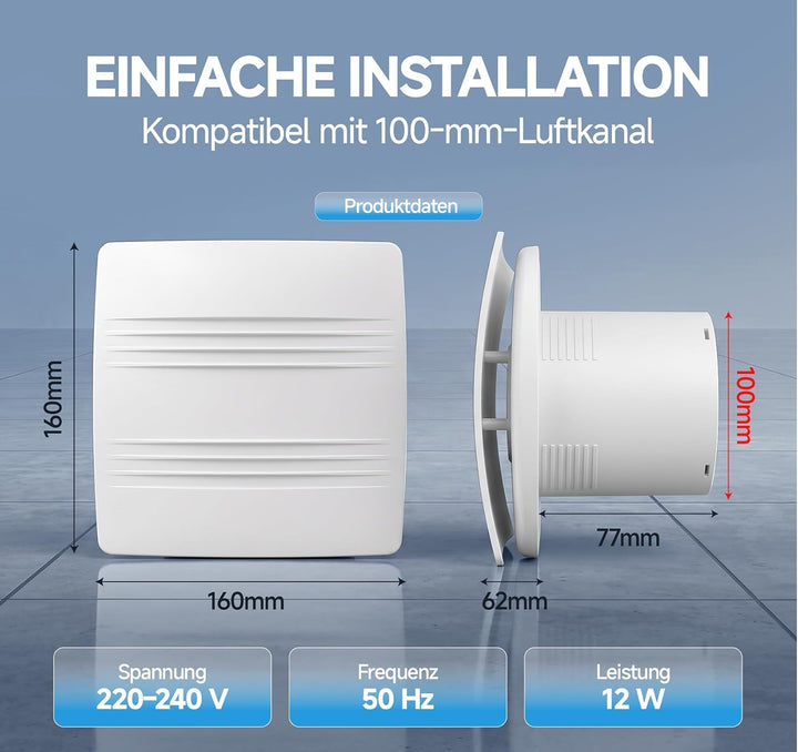 MOCINE Badlüfter 100 mm, Badezimmer Abluftventilator mit Nachlaufsteuerung 100mm-B05, 100mm-B05