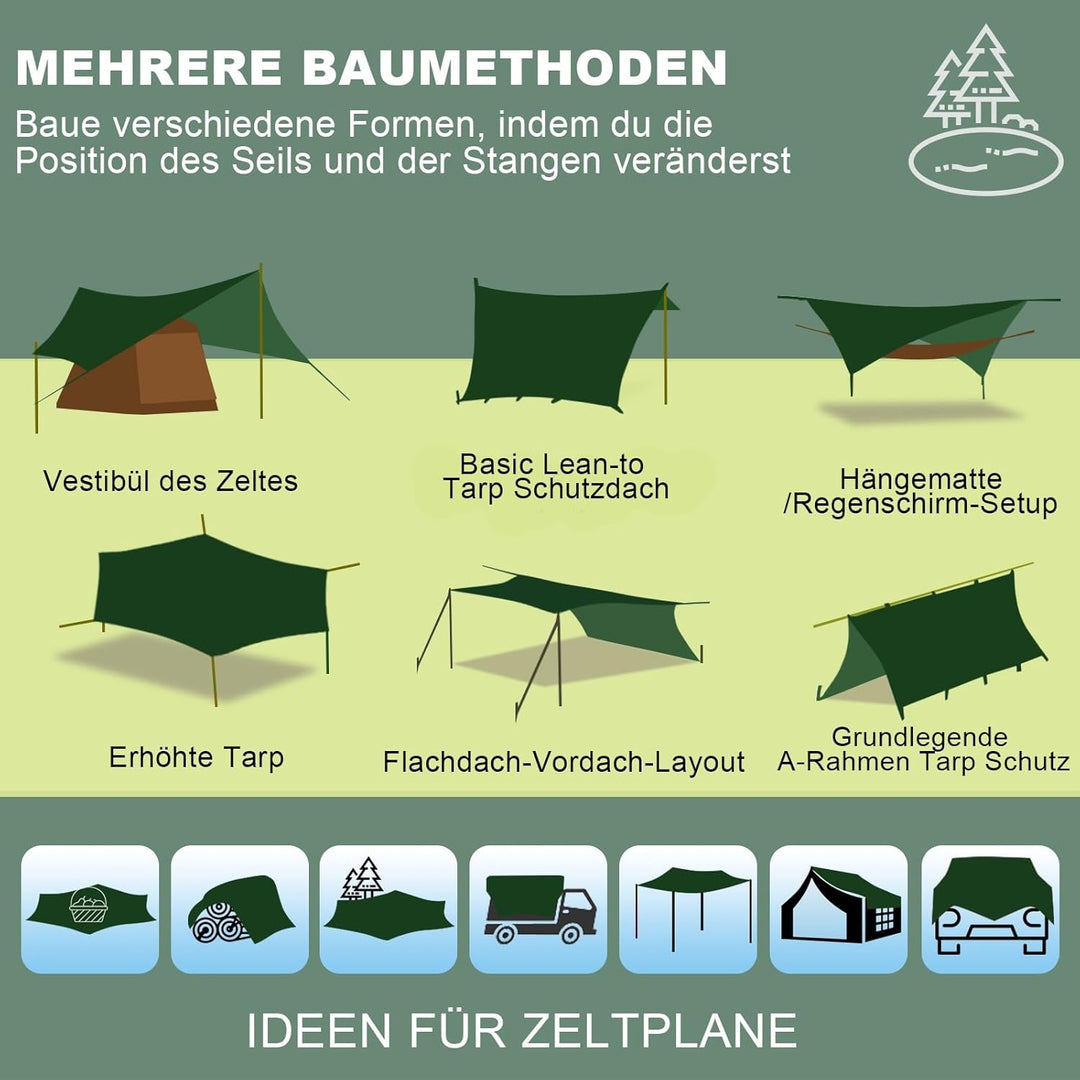 JAICOM Tarp 3,7 x 4,3 Wasserdicht, Ultraleicht Zeltplane Mit Stützstangen, Ösen, Aluminiumstiften, N