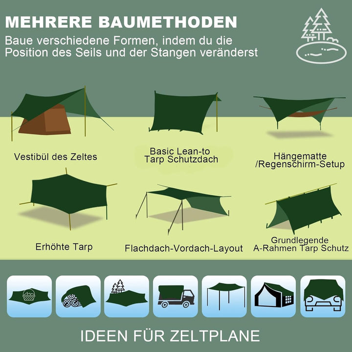 JAICOM Tarp 3,7 x 4,3 Wasserdicht, Ultraleicht Zeltplane Mit Stützstangen, Ösen, Aluminiumstiften, N