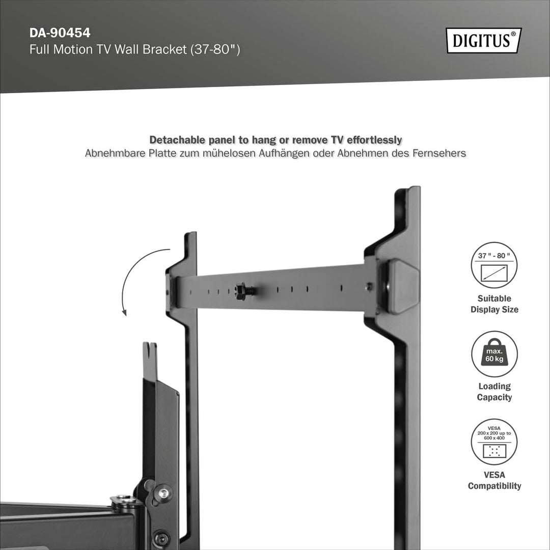 DIGITUS Full Motion TV-Wandhalterung 37-80" | 60 kg Belastung – Ausziehbar, schwenkbar, neigbar – In