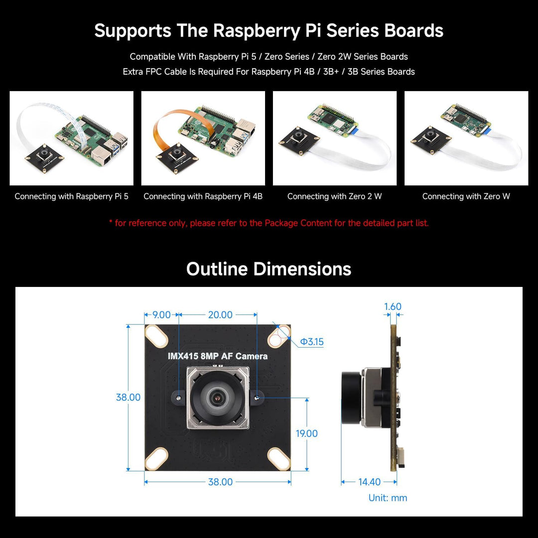 Waveshare IMX415 8MP MIPI Camera Module, Autofocus, 95.5° D-FOV, Distortion-Free, Supports Raspberry