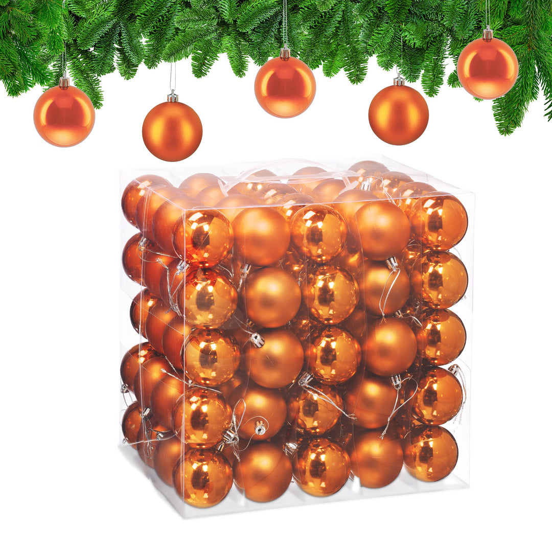Relaxdays Weihnachtskugeln 100er Set, Weihnachtsdeko, matt &amp; glänzend, Christbaumkugel ∅ 6 cm Orange